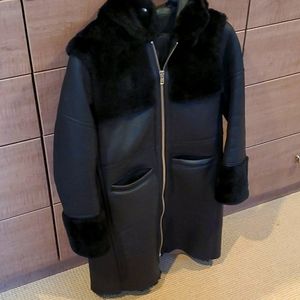 Maje Hooded leather and shearling coat NWOT